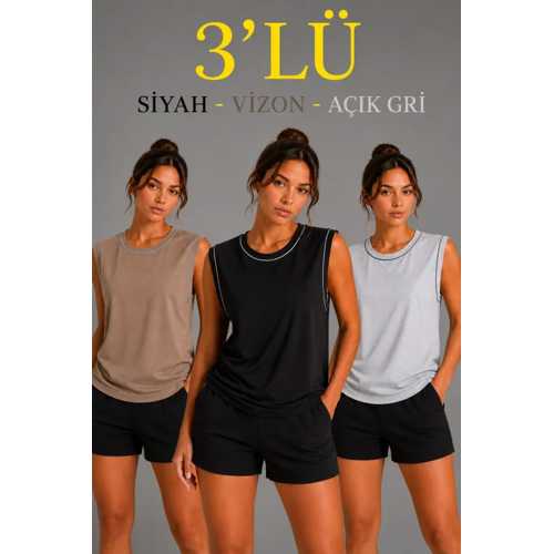 3’LÜ KOLSUZ SPORCU ATLET SETI YAZLIK BISIKLET YAKA - SIYAH, KAHVERENGI, GRI