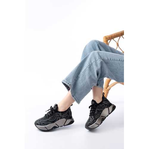 RS-402 SİYAH BAĞCIKLI FİLELİ TAŞLI PLATİN TABAN GÜNLÜK KADIN SPOR