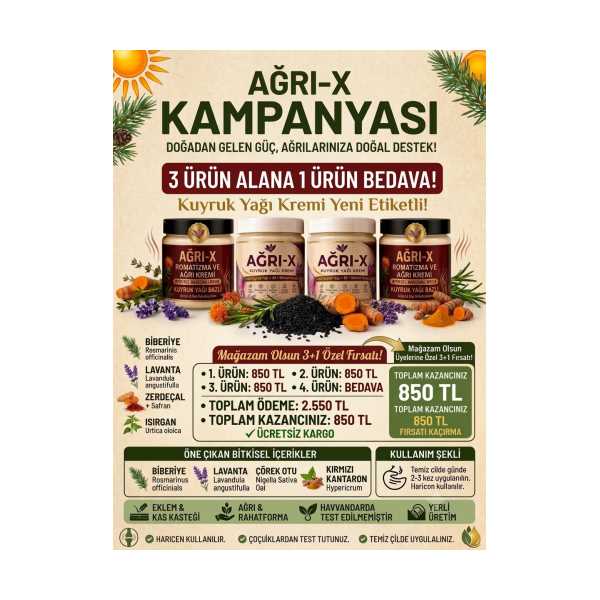 AGRİ-X KUYRUK YAĞI VE ROMATİZMA & AĞRI  KREMİ  ( 210 ML. )   3 ALANA  4. KREM BEDAVA 