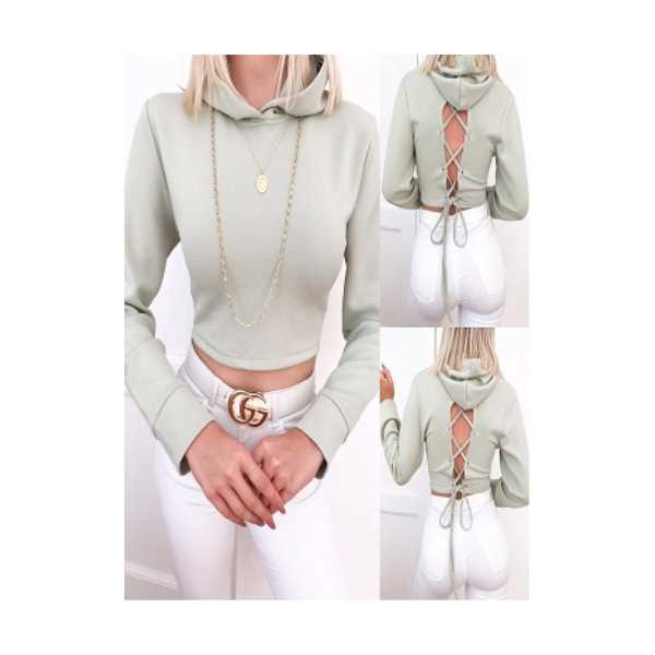  MİNT YEŞİLİ KAPÜŞONLU SCUBO DALGIÇ KUMAŞ SWEATSHİRT CROP