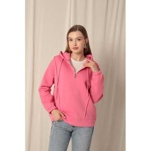 ÜÇ İPLİK KUMAŞ FERMUARLI KADIN PEMBE SWEAT