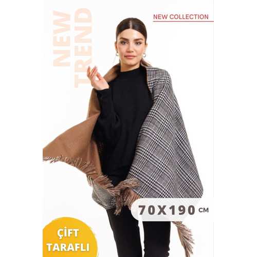 ÇİFT TARAFLI KAHVERENGİ RENK EKOSELİ YÜNLÜ OMUZ ŞALI 70X190CM BAĞLANABİLİR KIŞLIK KADIN ATKI ŞAL
