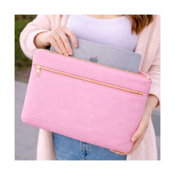PEMBE DUCK KUMAŞ LAPTOP ÇANTASI 36X26 CM | KAPİTONE İÇ, SU İTİCİ, ALTIN METAL FERMUAR,
