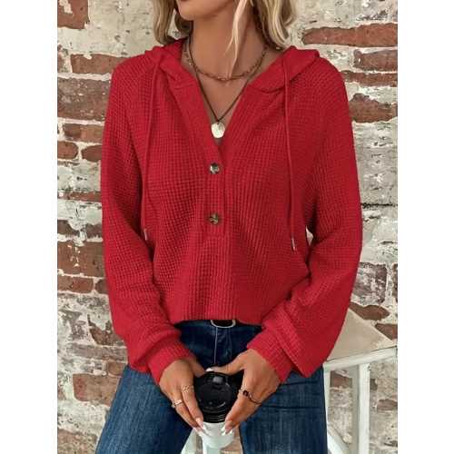 KADIN UZUN KOLLU KAPŞONLU ÖNÜ DÜĞMELI VE BAĞCIKLI WAFFLE BLUZ 