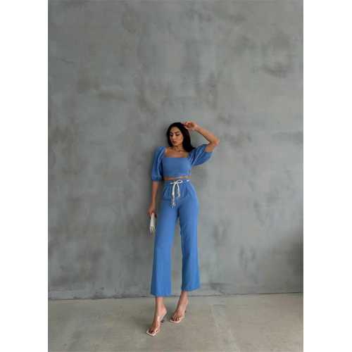 KETEN CROP KARPUZ KOL BLUZ-PANTOLON HASIR KEMERLİ - MAVI
