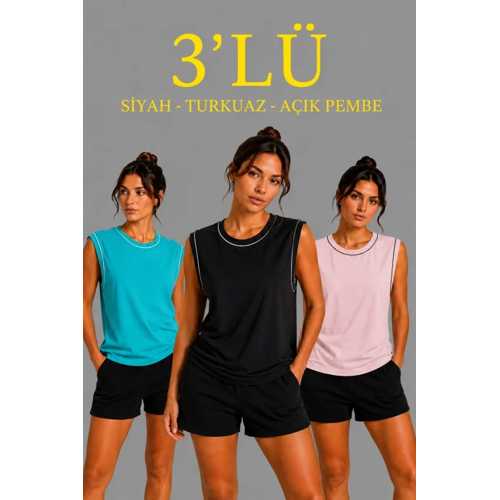 3’LÜ KOLSUZ SPORCU ATLET SETI YAZLIK BISIKLET YAKA - SIYAH, TURKUAZ, PEMBE