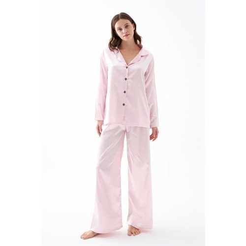 KADIN PEMBE OVERSIZE SATEN PIJAMA TAKIMI – RAHAT KESIM ŞIK EV GIYIM SETI