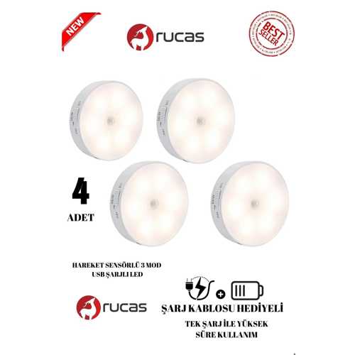 4 ADET HAREKET SENSÖRLÜ USB ŞARJLI LED IŞIK LAMBA 4 ADET SET