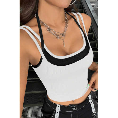 KADIN SİYAH BEYAZ ÇİFT RENK ÇAPRAZ ASKILI CROP TOP BLUZ