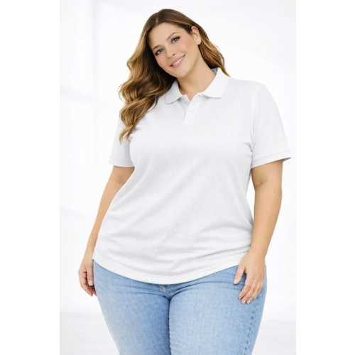 PIKE KUMAŞ DÜĞMELI YAKA BATTAL BÜYÜK BEDEN GÜNLÜK KISA KOL TIŞÖRT T-SHIRT - BEYAZ