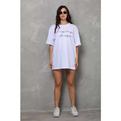 UNISEX BISIKLET YAKA BASKILI OVERSIZE T-SHIRT - BEYAZ