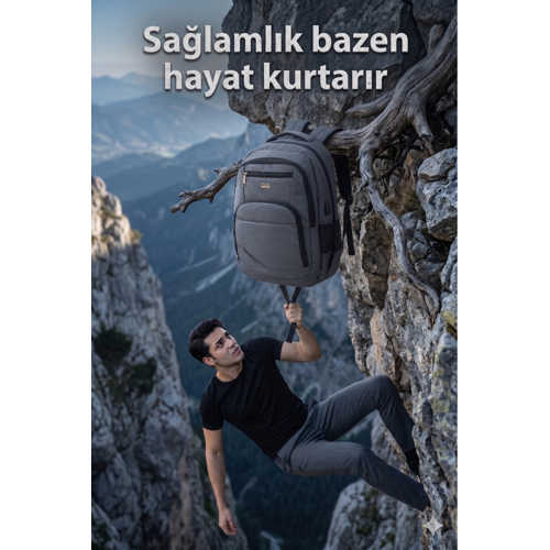 GRİ SIRT ÇANTASI 15.6'' INÇ LAPTOP SIRT ÇANTASI USB APARATLI YANDAN CEPLİ DARBE EMİCİ SU