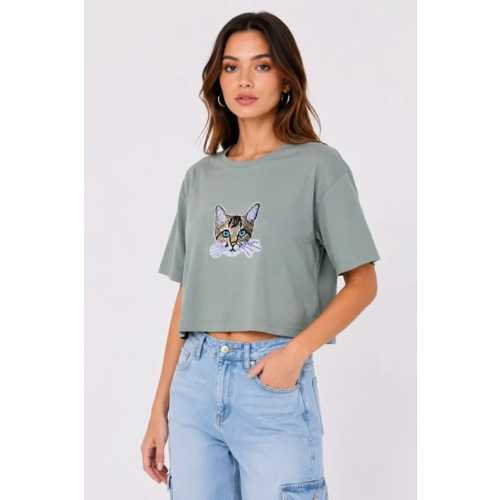 KEDI BASKILI OVERSIZE CROP TIŞÖRT SALAŞ BASIC YARIM KOL T-SHIRT - MINT YEŞILI