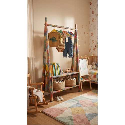 EL YAPIMI RAİNBOW MASİF AHŞAP GARMENT RACK, KİDS CLOTHES ORGANİZER, NURSERY FURNİTURE