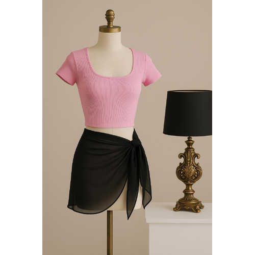 KADIN PEMBE YARIM KOL CROP VE SİYAH PAREO 2'Lİ SET