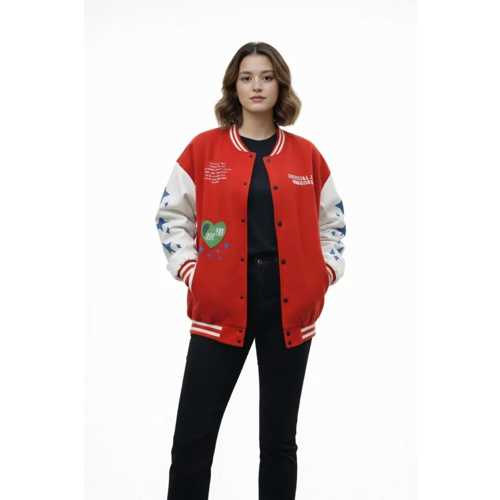 KIRMIZI VARSITY ÇITÇITLI BASKILI OVERSIZE KALIP KOLEJ CEKET - KIRMIZI