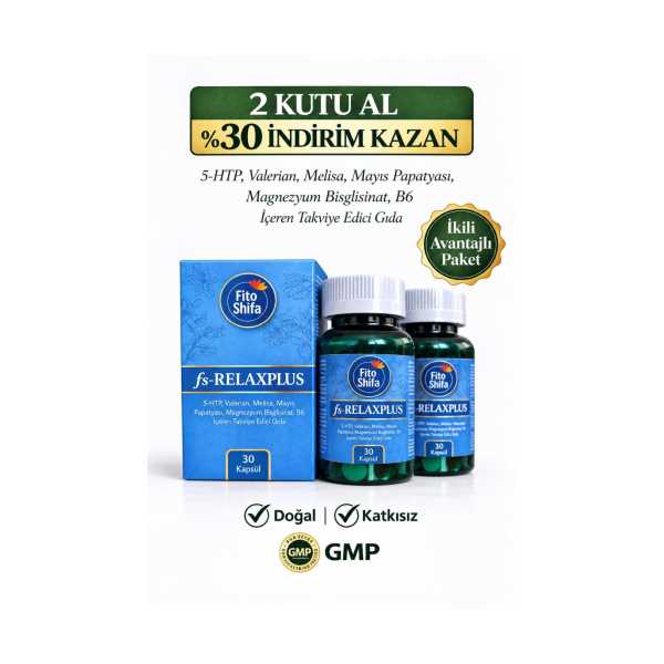 RELAXPLUS KAPSÜL (5HTP, VALLERİAN, MELİSA, MAYIS PAPATYASI, MAGNEZYUM BİSGLİSİNAT, B6) (2'Lİ SET)  