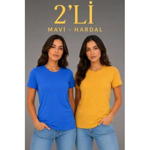 BASIC BISIKLET YAKA YAZLIK SLIM FIT T-SHIRT - MAVI - HARDAL SARISI