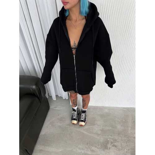 OVERSIZE TAM FERMUARLI UZUN KOL HIRKA - SIYAH