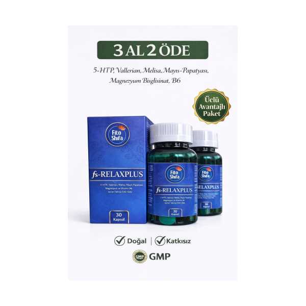 RELAXPLUS KAPSÜL (5HTP, VALLERİAN, MELİSA, MAYIS PAPATYASI, MAGNEZYUM BİSGLİSİNAT, B6 )(3 AL 2  ÖDE)