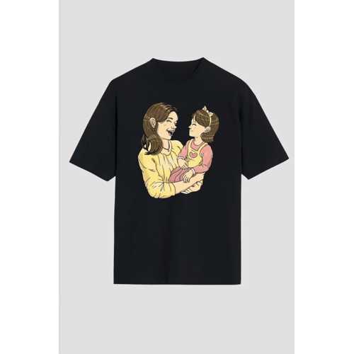 ANNELER GÜNÜ HEDIYE ANNE KIZ TEMALI BASKILI OVERSIZE BISIKLET YAKA T-SHIRT - SIYAH