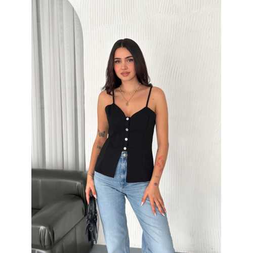 ASKILI DEKOLTE DERAYLI BLUZ CROP - SIYAH