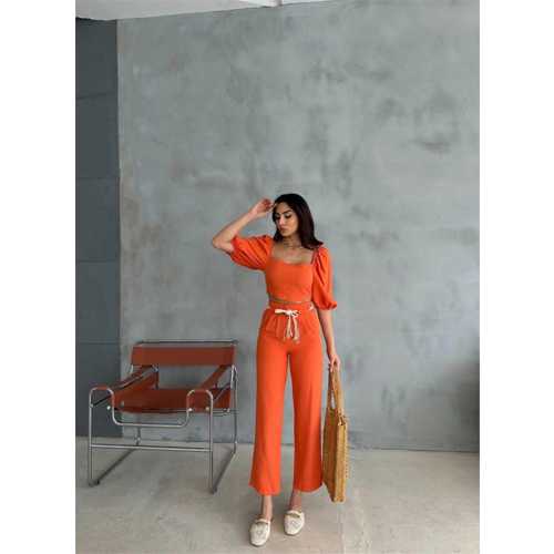 KETEN CROP KARPUZ KOL BLUZ-PANTOLON HASIR KEMERLİ - ORANGE