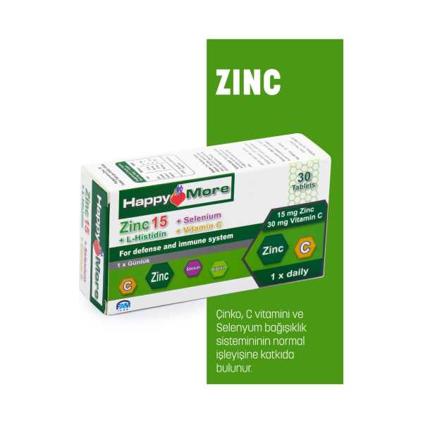 HAPPYMORE ÇİNKO, SELENYUM, HİSTİDİN VE C VİTAMİNİ IÇEREN 30 TABLET TAKVİYE EDİCİ GIDA