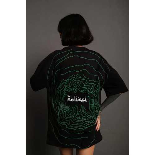 BISIKLET YAKALI SIRT BASKILI OVERSIZE T-SHIRT - SIYAH