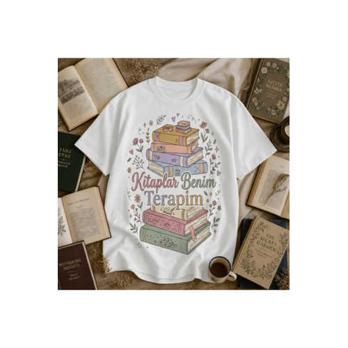 KITAPLAR BENIM TERAPIM BASKILI % 100 PAMUK UNISEX REGULAR FIT BEYAZ T-SHIRT