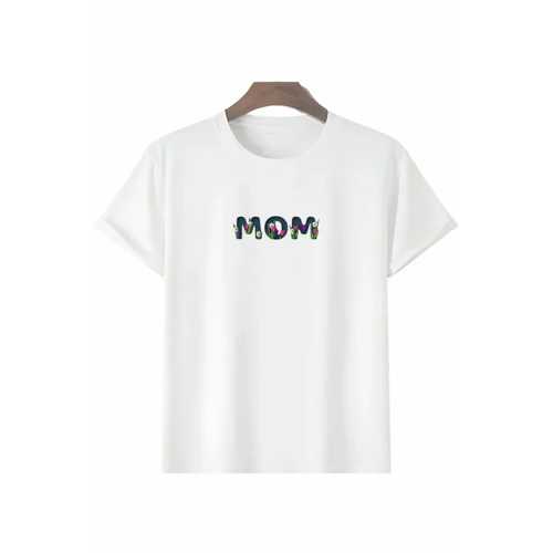 ANNELER GÜNÜ HEDIYE MOM ÇIÇEK BASKILI OVERSIZE BISIKLET YAKA T-SHIRT - BEYAZ