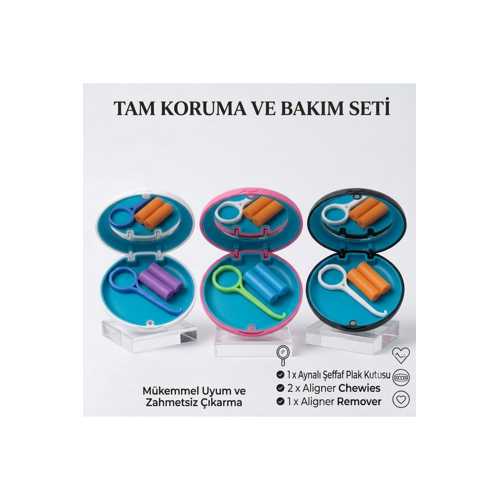 ŞEFFAF PLAK BAKIM SETI AYNALI KUTU, 2 CHEWIES VE PLAK ÇIKARMA APARATI - KARIŞIK RENK