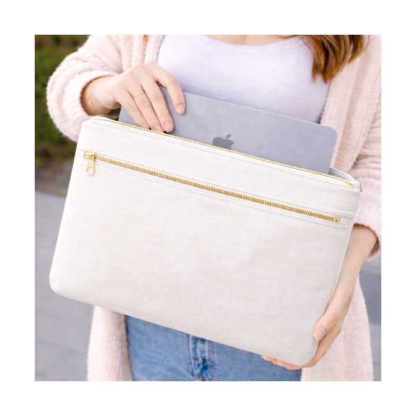 BEYAZ DUCK KUMAŞ LAPTOP ÇANTASI 36X26 CM | KAPİTONE İÇ, SU İTİCİ, ALTIN METAL FERMUAR
