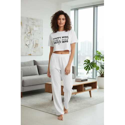 KADIN BEYAZ BASKILI CROP T-SHIRT PANTOLON TAKIM RAHAT GÜNLÜK KOMBIN 2’LI SET