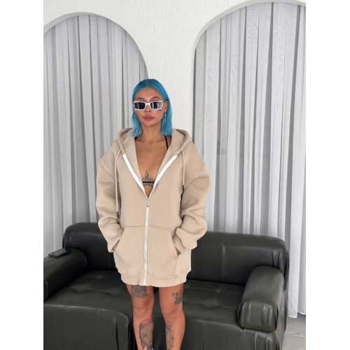 OVERSIZE TAM FERMUARLI UZUN KOL HIRKA - BEJ