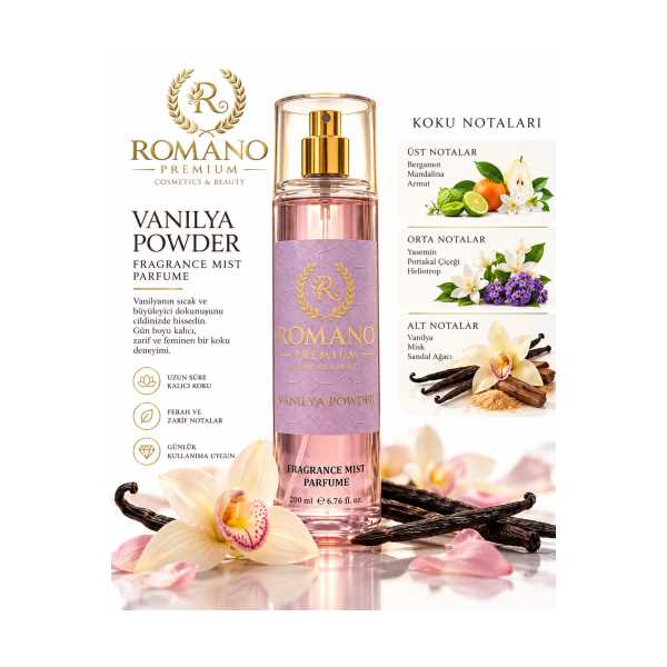 ROMANO PREMİUM VANİLYA POWDER VÜCUT SPREYİ 200 ML KALICI PARFÜM ESANSLI