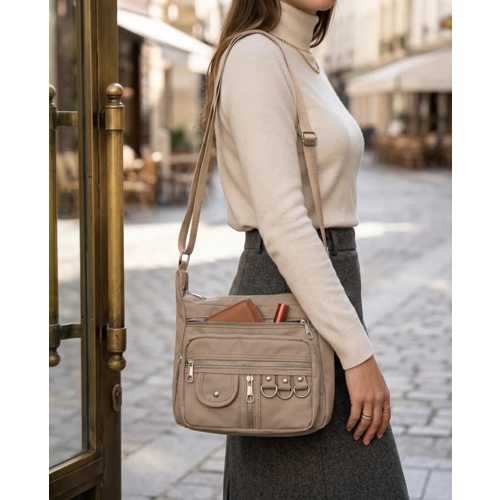 25X21 CM VIZON PARAŞÜT KUMAŞ 5 GÖZLÜ KADIN OMUZ VE ÇAPRAZ ASKILI ÇANTA