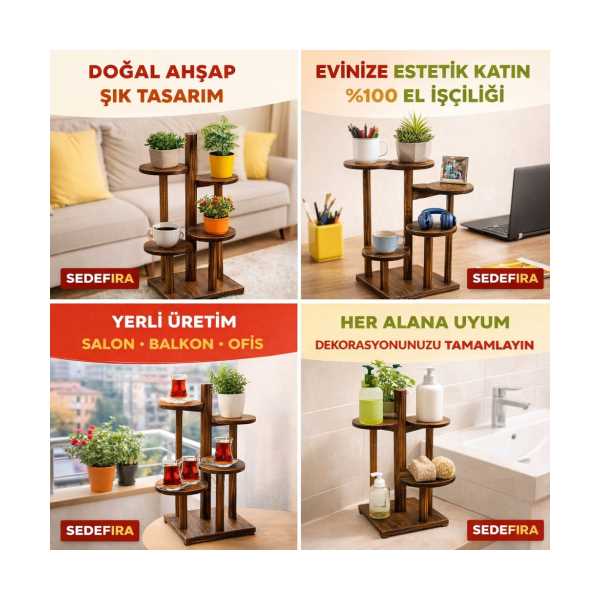 SEDEFİRA AHŞAP SAKSI STANDI SAKSILIK ÇİÇEKLİK BİTKİ STANDI DEKORATİF ÇİÇEK SEHPASI EV HEDİYESİ