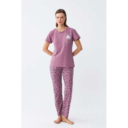 KADIN MOR PATILI TAVŞAN BASKILI CEPLI PIJAMA TAKIMI