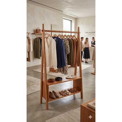 EL YAPIMI AHŞAPEN CLOTHES RACK WİTH RAF – MİNİMALİST GARMENT STAND ORGANİZER, SLOW DECOR