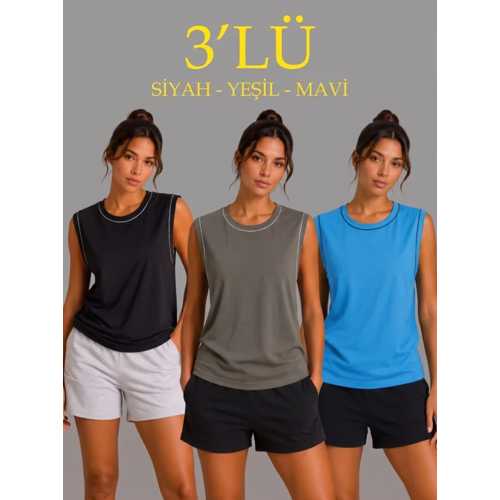 3’LÜ KOLSUZ SPORCU ATLET SETI YAZLIK BISIKLET YAKA - SIYAH, HAKI, MAVI
