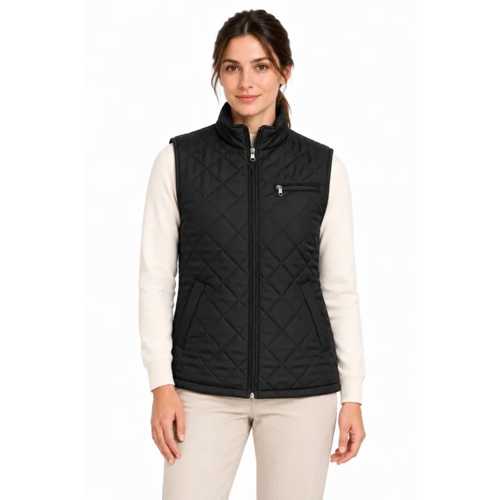 DIK YAKA İÇI POLAR ASTARLI DÖRT CEPLI BAKLAVA DESENLI KAPITONE YELEK - SIYAH
