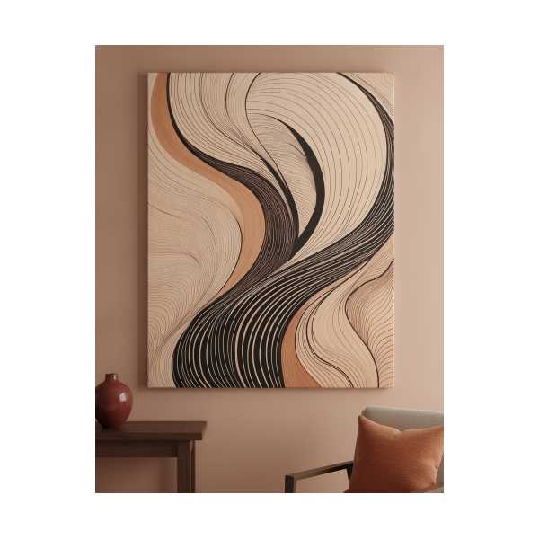 SOYUT DALGA ÇIZGILERI KANVAS TABLO | MODERN MINIMAL SIYAH BEJ GEOMETRIK DUVAR DEKORU