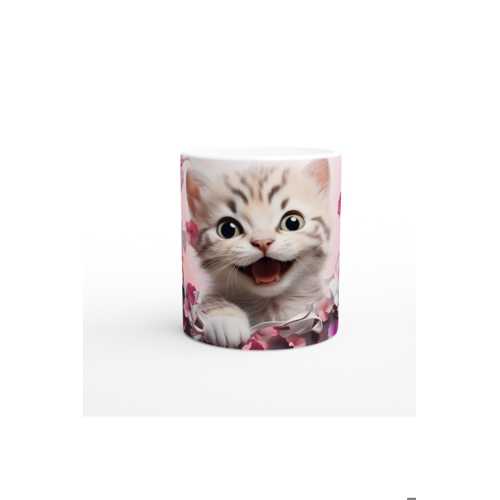 PEMBE ÇİÇEKLER ARASINDA NEŞEYLE BAKAN YAVRU KEDİ BASKILI KUPA BARDAK