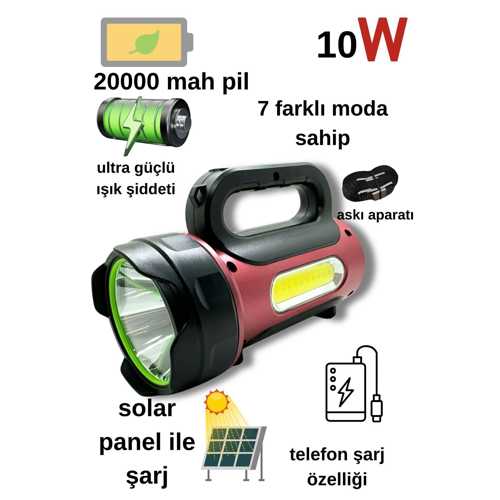 10W UZUN MENZİLLİ SOLAR PANELLİ POWERBANK USB ÇIKIŞ S.O.S LU ULTRA GÜÇLÜ LEDLİ ŞARJLI FENERİ