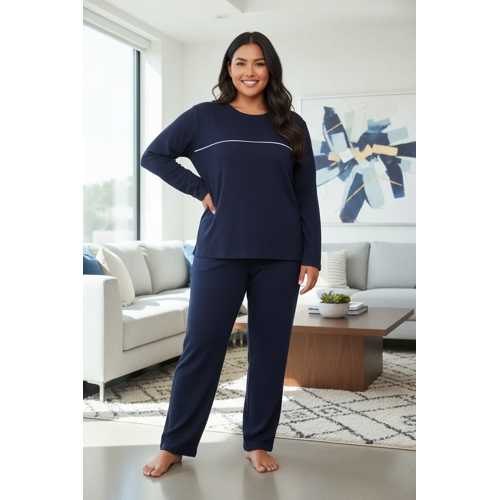 KADIN BÜYÜK BEDEN LACIVERT UZUN KOLLU PIJAMA TAKIMI ŞERIT DETAYLI RAHAT EV GIYIM SETI