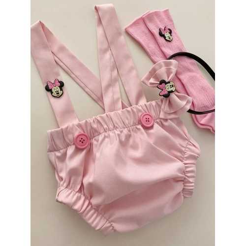 TUBİBEBE 3'LÜ MINNIE MOUSE SALOPET + TAÇ + ÇORAP TAKIM