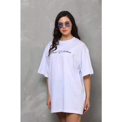 UNISEX BISIKLET YAKA BASKILI OVERSIZE T-SHIRT - BEYAZ