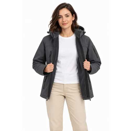 SU GEÇIRMEZ SOFTSHELL İÇI POLAR ASTARLI ÇIKARILABILIR KAPÜŞONLU 4 CEPLI MONT CEKET - FÜME