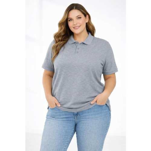 PIKE KUMAŞ DÜĞMELI YAKA BATTAL BÜYÜK BEDEN GÜNLÜK KISA KOL TIŞÖRT T-SHIRT - GRI
